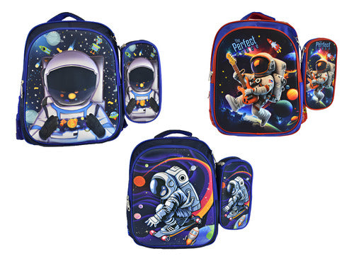 Mochila Escolar Astronauta 3d Con Cartuchera 36x29x15cm