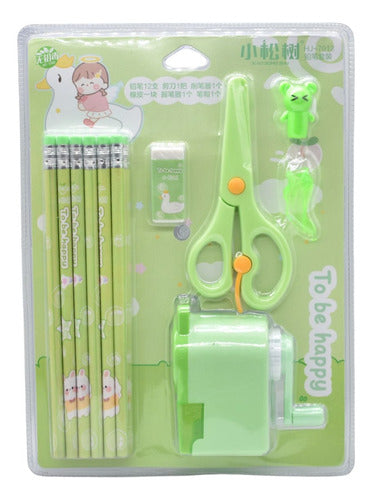 Set Escolar 12 Lápices Y Accesorios 27x19cm Verde