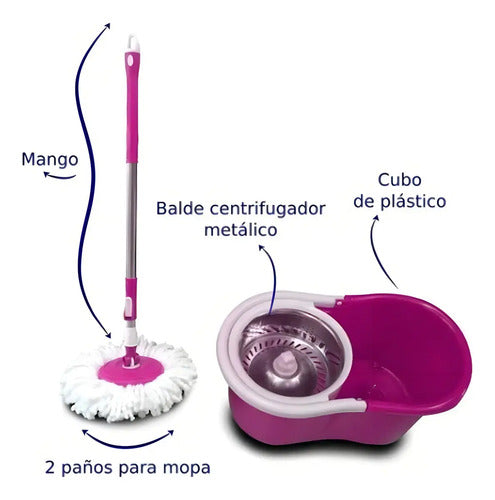 Mopa Giratoria 360 Con Balde Escurridor Acero Inox + 2 Paños A Disponibilidad