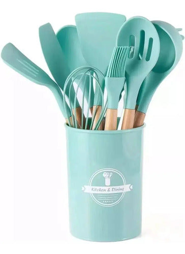 Juego Set Utensillos Menage Cocina Silicona Madera 11 Pzas