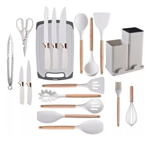 Set Kit 19 Utensilios Cocina Silicona Madera+cuchillos+tabla