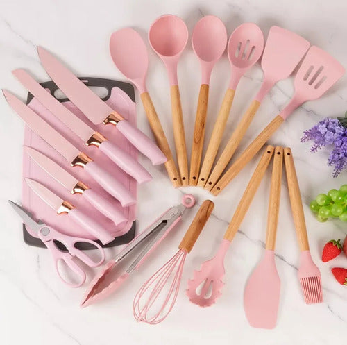 Set Kit 19 Utensilios Cocina Silicona Madera+cuchillos+tabla