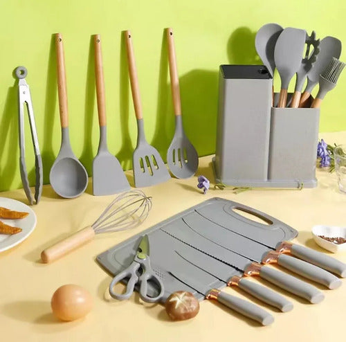 Set Kit 19 Utensilios Cocina Silicona Madera+cuchillos+tabla