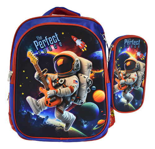 Mochila Escolar Astronauta 3d Con Cartuchera 36x29x15cm