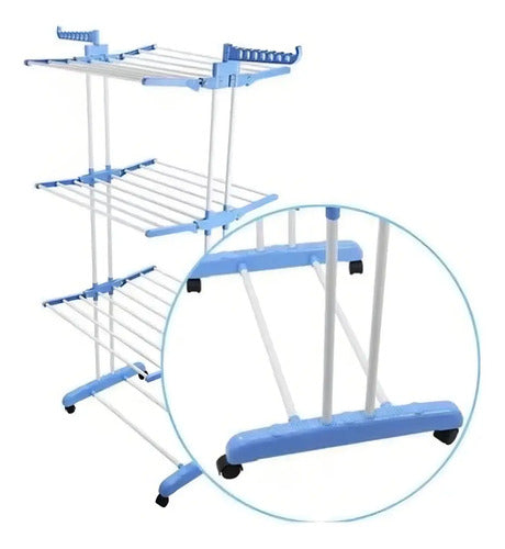 Tendedero Tender Seca Ropa Vertical Plegable C/ruedas Resistente Metalico Gran Capacidad 3 Niveles Facil Armado Espacios Reducidos Celeste