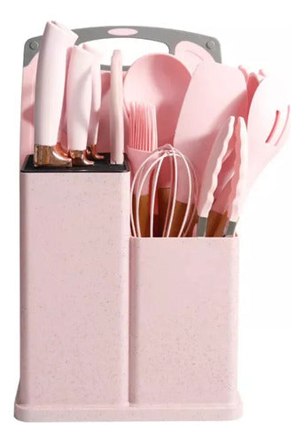 Set Kit 19 Utensilios Cocina Silicona Madera+cuchillos+tabla