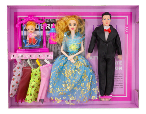 Muñeca Con Pareja Hija Y 6 Accesorios
