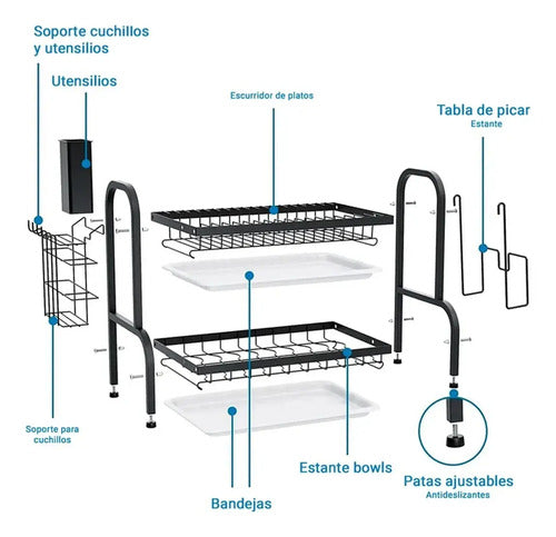 Escurridor De Platos 2 Niveles De Metal Escurre Platos Negro