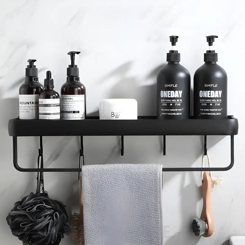 Estante Para Baño Minimalista Con Toallero Y Ganchos Negro