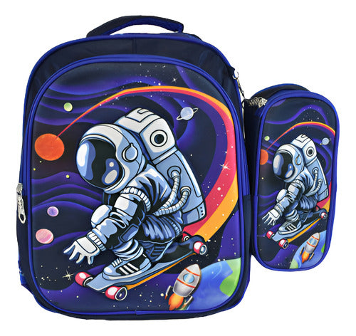 Mochila Escolar Astronauta 3d Con Cartuchera 36x29x15cm