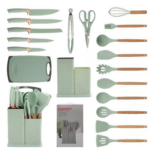 Set Kit 19 Utensilios Cocina Silicona Madera+cuchillos+tabla