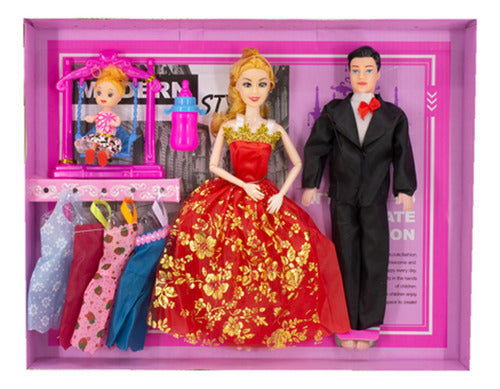 Muñeca Con Pareja Hija Y 6 Accesorios