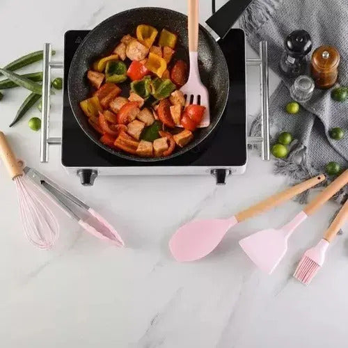 Juego Set Utensillos Menage Cocina Silicona Madera 11 Pzas