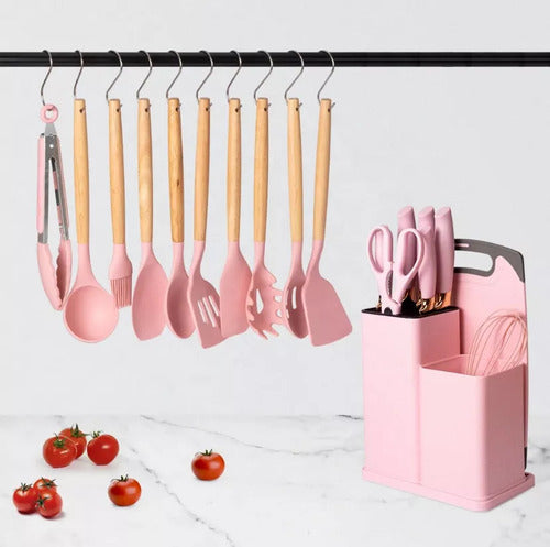 Set Kit 19 Utensilios Cocina Silicona Madera+cuchillos+tabla