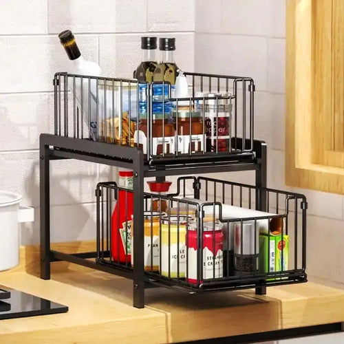 Organizador De Gabinetes De Cocina Teloconsigo Organizador Bajo Mesada 2 Nivl X1 Negro De 38cm X 26cm X 37cm