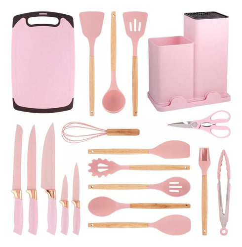 Set Kit 19 Utensilios Cocina Silicona Madera+cuchillos+tabla