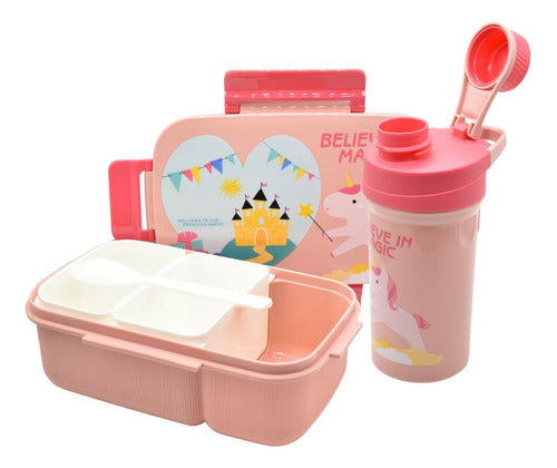 Set De Lonchera+botella Con Cubierto Y Compartimientos Rosa