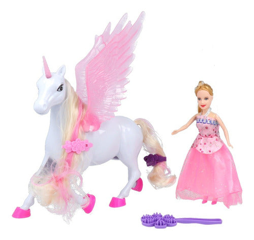 Muñeca Mediana Con Unicornio Rosa Incluye Peine