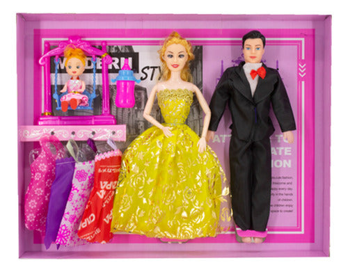 Muñeca Con Pareja Hija Y 6 Accesorios