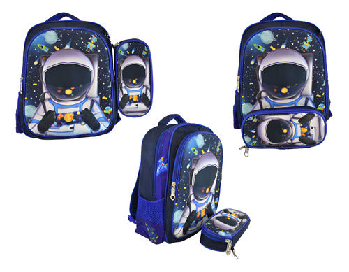 Mochila Escolar Astronauta 3d Con Cartuchera 36x29x15cm
