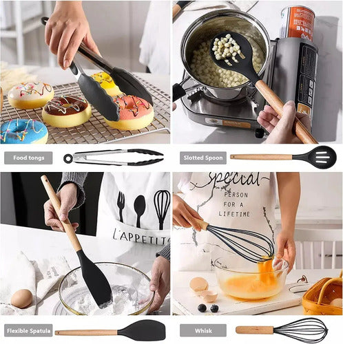 Kit Set X12 Utensilios Cocina Madera Y Silicona Excelente