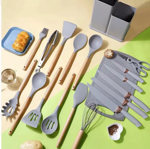 Set Kit 19 Utensilios Cocina Silicona Madera+cuchillos+tabla
