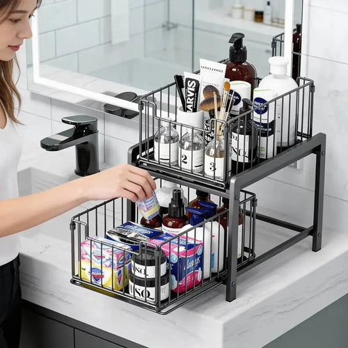 Organizador De Gabinetes De Cocina Teloconsigo Organizador Bajo Mesada 2 Nivl X1 Negro De 38cm X 26cm X 37cm