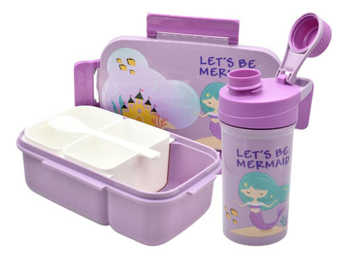 Set De Lonchera+botella Con Cubierto Y Compartimientos Rosa