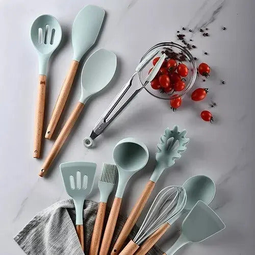 Juego Set Utensillos Menage Cocina Silicona Madera 11 Pzas
