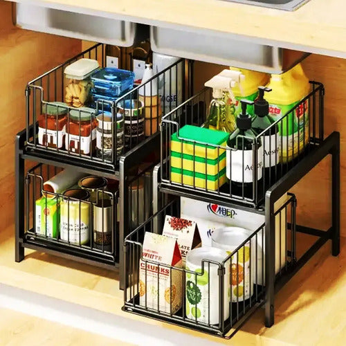 Organizador De Gabinetes De Cocina Teloconsigo Organizador Bajo Mesada 2 Nivl X1 Negro De 38cm X 26cm X 37cm