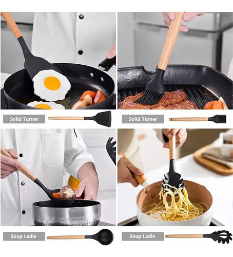 Kit Set X12 Utensilios Cocina Madera Y Silicona Excelente
