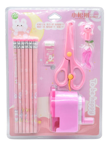 Set Escolar 12 Lápices Y Accesorios 27x19cm Rosa