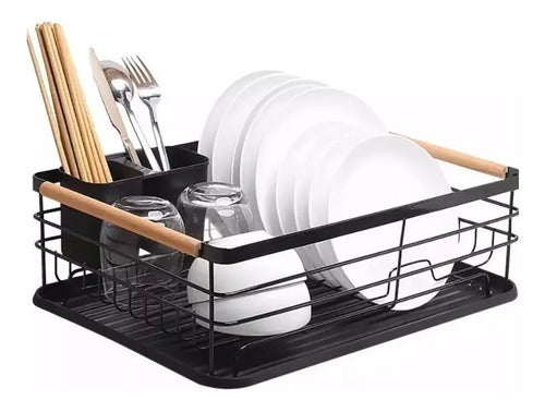 Escurridor Seca Platos Vajilla De Metal Asa De Madera Cocina Negro