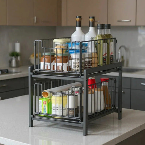 Organizador De Gabinetes De Cocina Teloconsigo Organizador Bajo Mesada 2 Nivl X1 Negro De 38cm X 26cm X 37cm