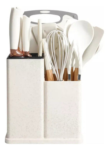 Set Kit 19 Utensilios Cocina Silicona Madera+cuchillos+tabla