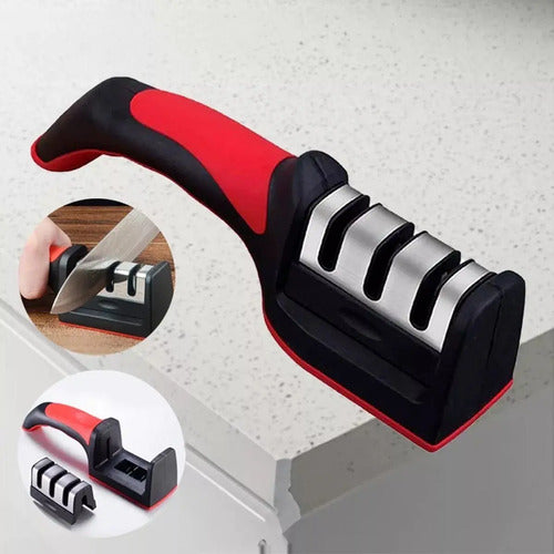 Afilador Cuchillos Tijeras Cuchillas Mango Ergonomico Rojo