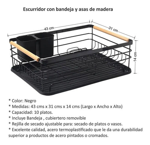 Escurridor Seca Platos Vajilla De Metal Asa De Madera Cocina Negro