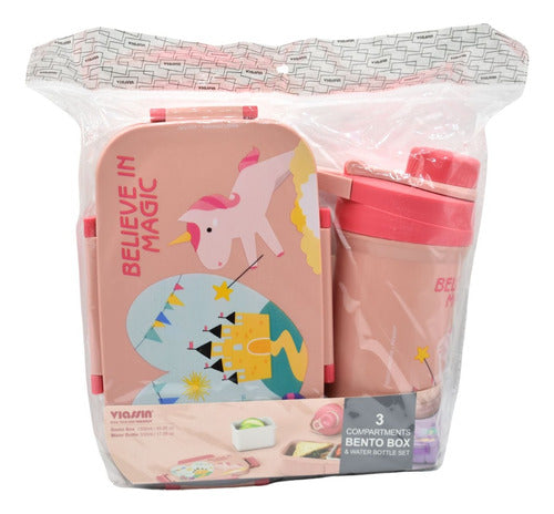 Set De Lonchera+botella Con Cubierto Y Compartimientos Rosa