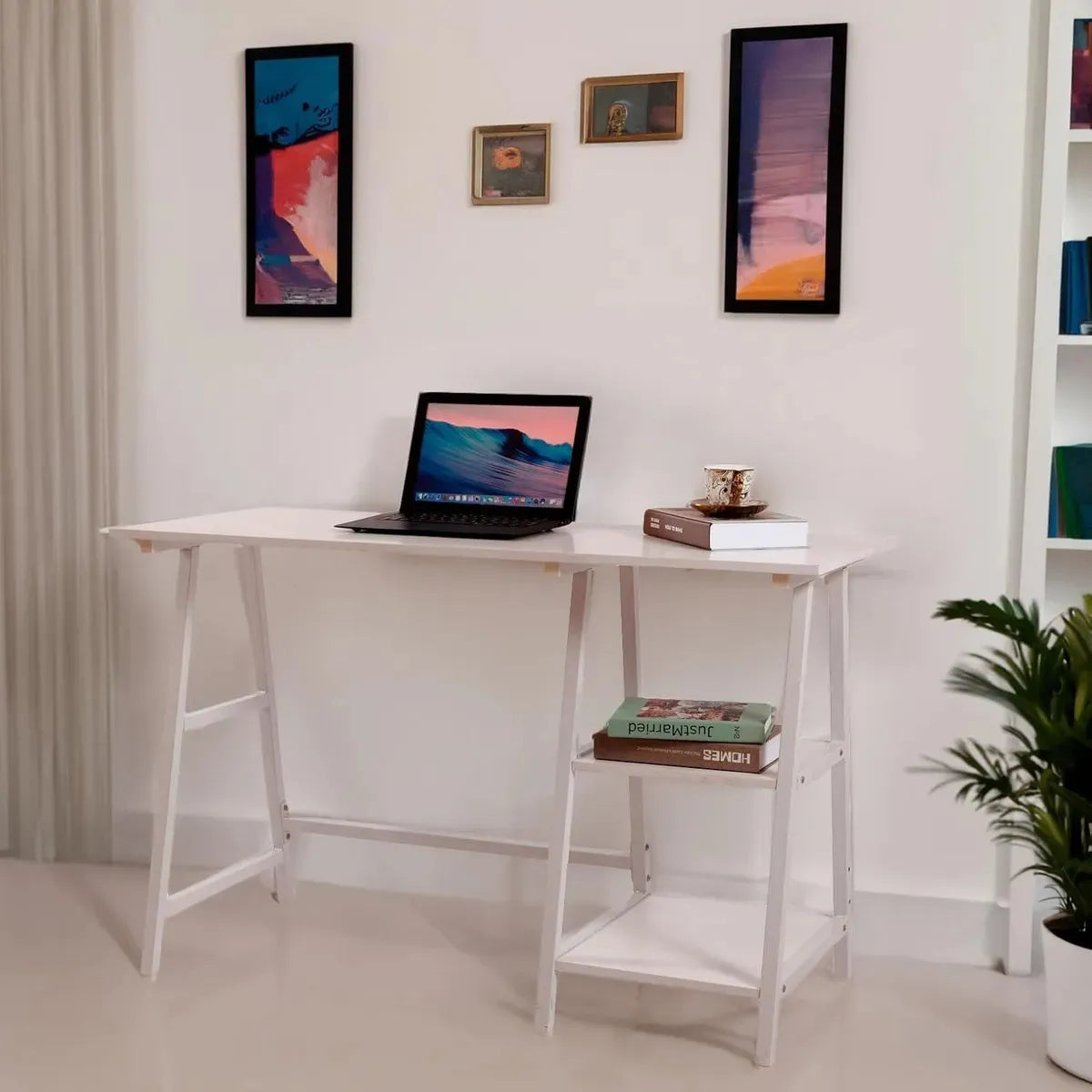 Escritorio 3 Estantes Estilo Caballetes Minimalista Moderno