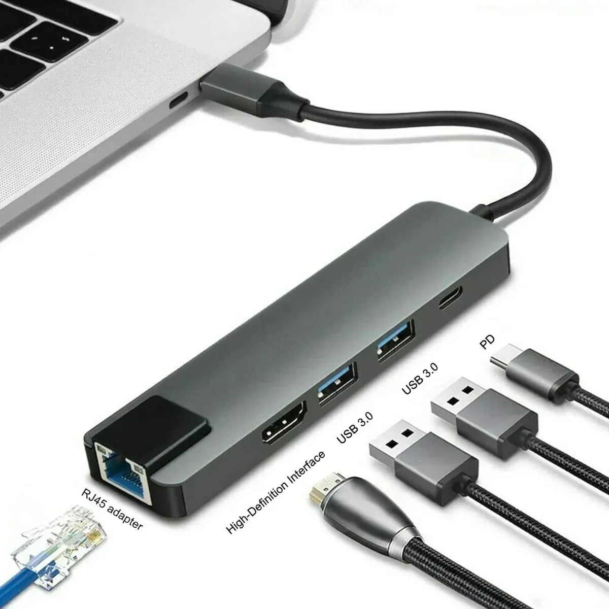 Adaptador Hub Tipo C Y Puerto Ethernet 5 En 1 - 100 W