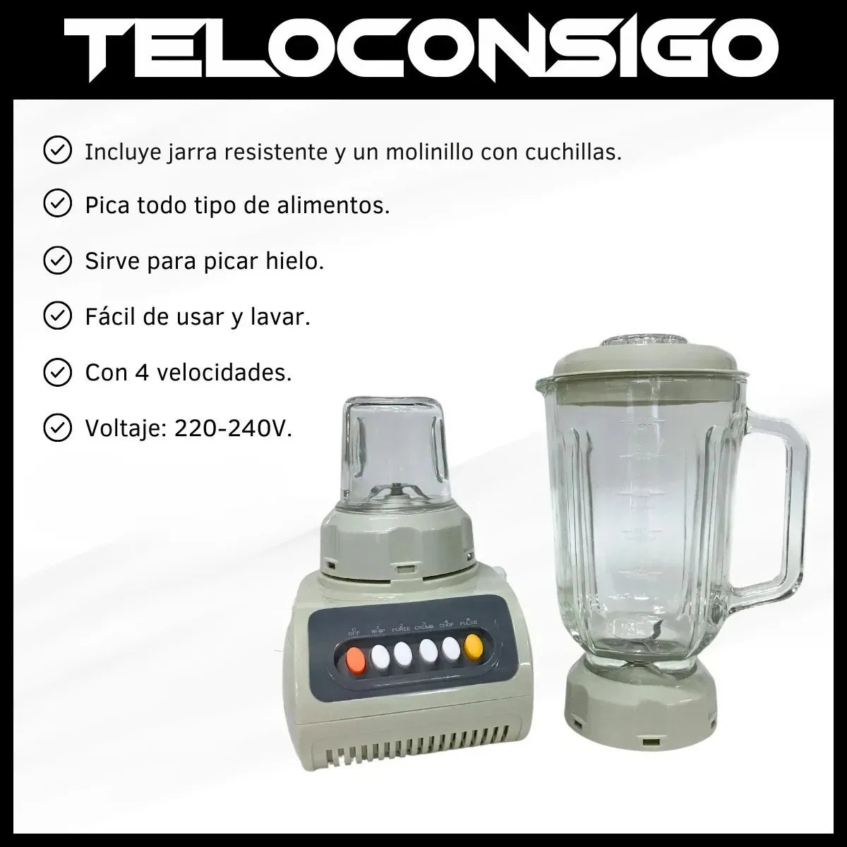 Licuadora 2 En 1 1.5l Jarra resistente 4 Niveles + Pulse 500w