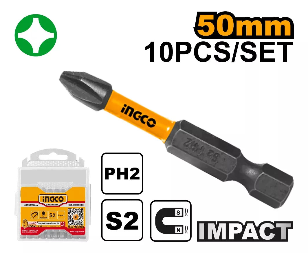 Set Puntas Impacto Ph2 50mm 10pcs Ingco Sdbim11ph223