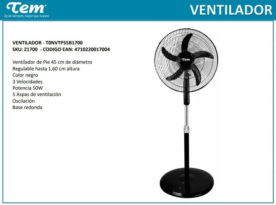 Ventilador De Pie Tem 3 Velocidades 45 Cm De Diametro