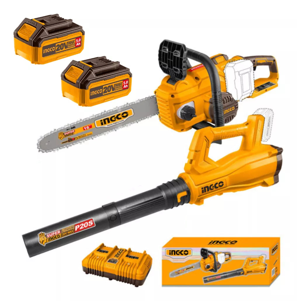 Kit Motosierra + Soplador Inalÿmbricos + 2 Bat 5.0ah Ingco