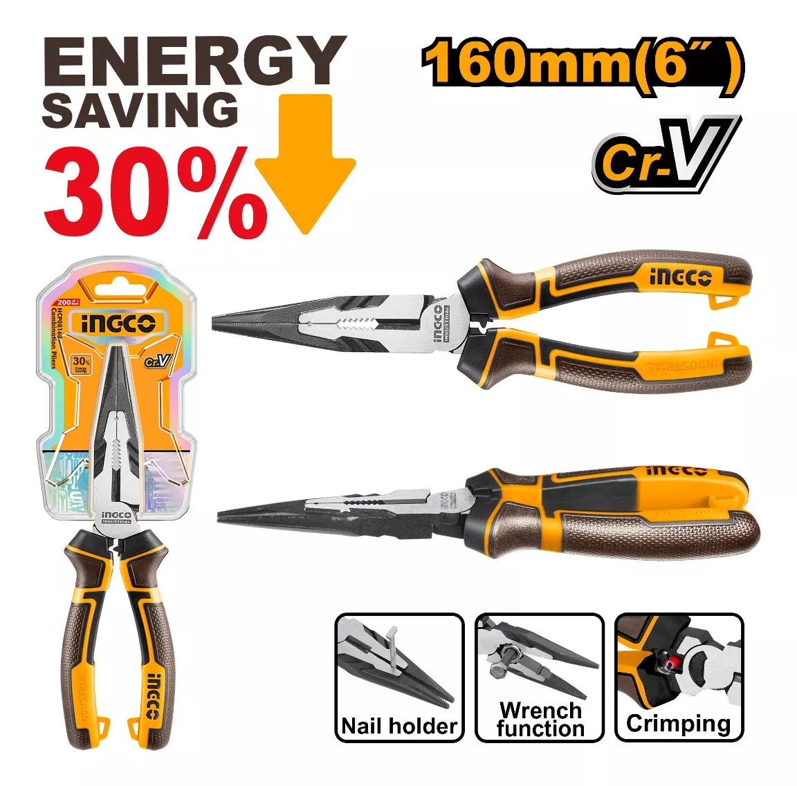 Pinza Punta Fina 6 Energy Saving 30% Cr-v Ingco Hhlnp28160