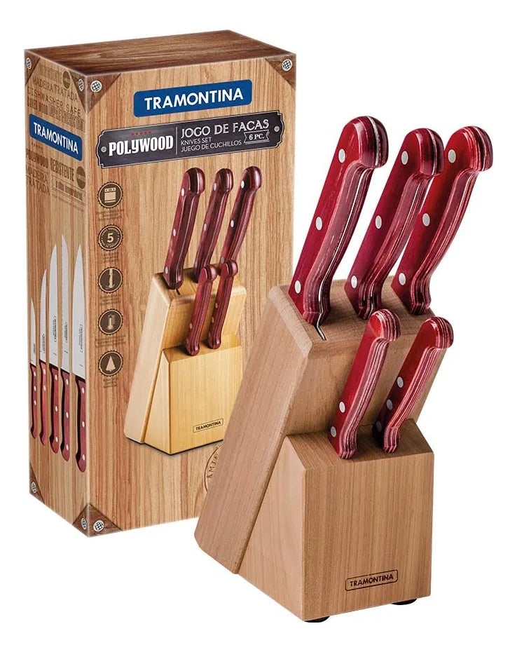 Juego De Cuchillos Taco De Madera 6pz Polywood Rojo Tramonti