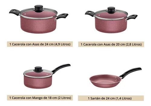 Juego De Ollas Tramontina Turim 7 Piezas Color Rosa