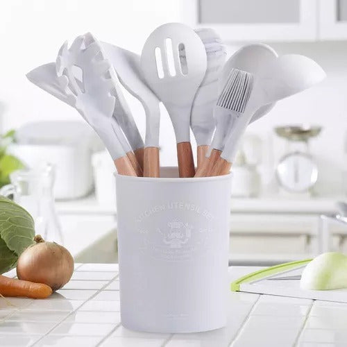 Juego Set Utensillos Menage Cocina Silicona Madera 11 Pzas