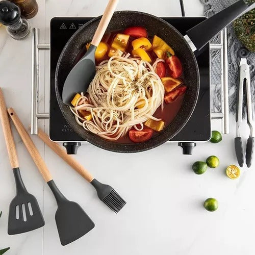 Juego Set Utensillos Menage Cocina Silicona Madera 11 Pzas