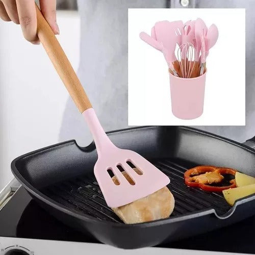 Juego Set Utensillos Menage Cocina Silicona Madera 11 Pzas